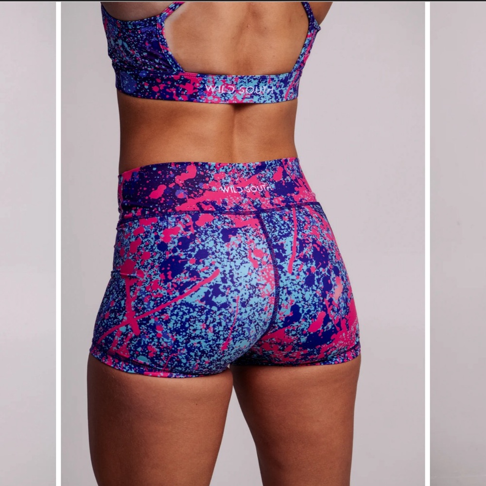 Athletic High-Waist Purple & Pink Splatter Shorts - Picture 3 of 3